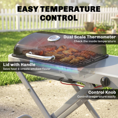 Portable Propane Gas BBQ Grill with Foldable Cart, Wheels, 9500 BTU Gas Barbecue Grill with Piezo Ignition Burner, Black