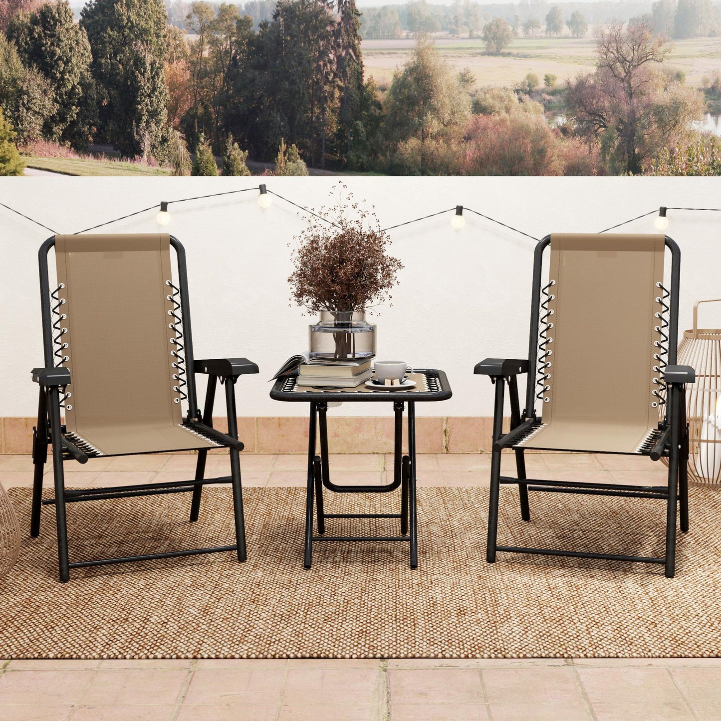 3 Pieces Patio Bistro Set, Outdoor Folding Table and Chairs Set, Metal Patio Furniture Set with Cup Holders, Khaki