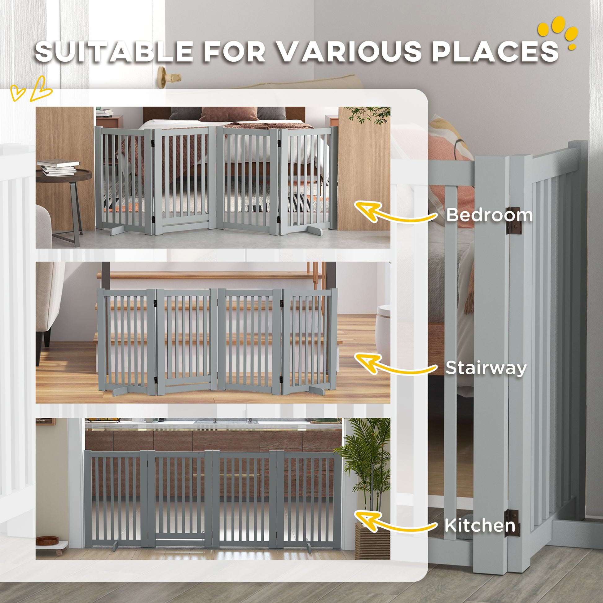 4 Panel Free Standing Wooden Pet Gate with Open Door Light Grey