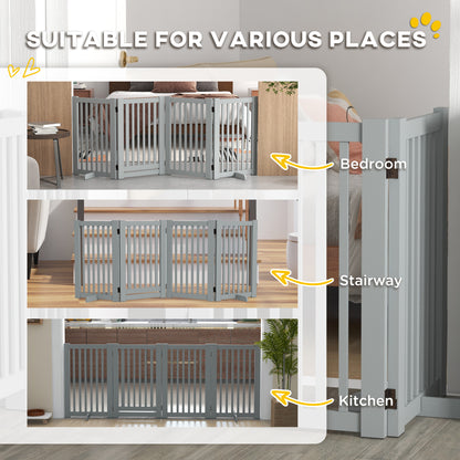 4 Panel Free Standing Wooden Pet Gate with Open Door Light Grey
