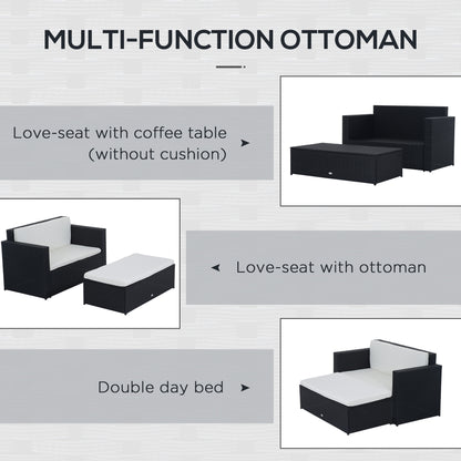 2 Pieces Wicker Patio Furniture Set with Double Ottoman, Outdoor PE Rattan Conversation Set with Loveseat and Two Seat Ottoman, Cream White