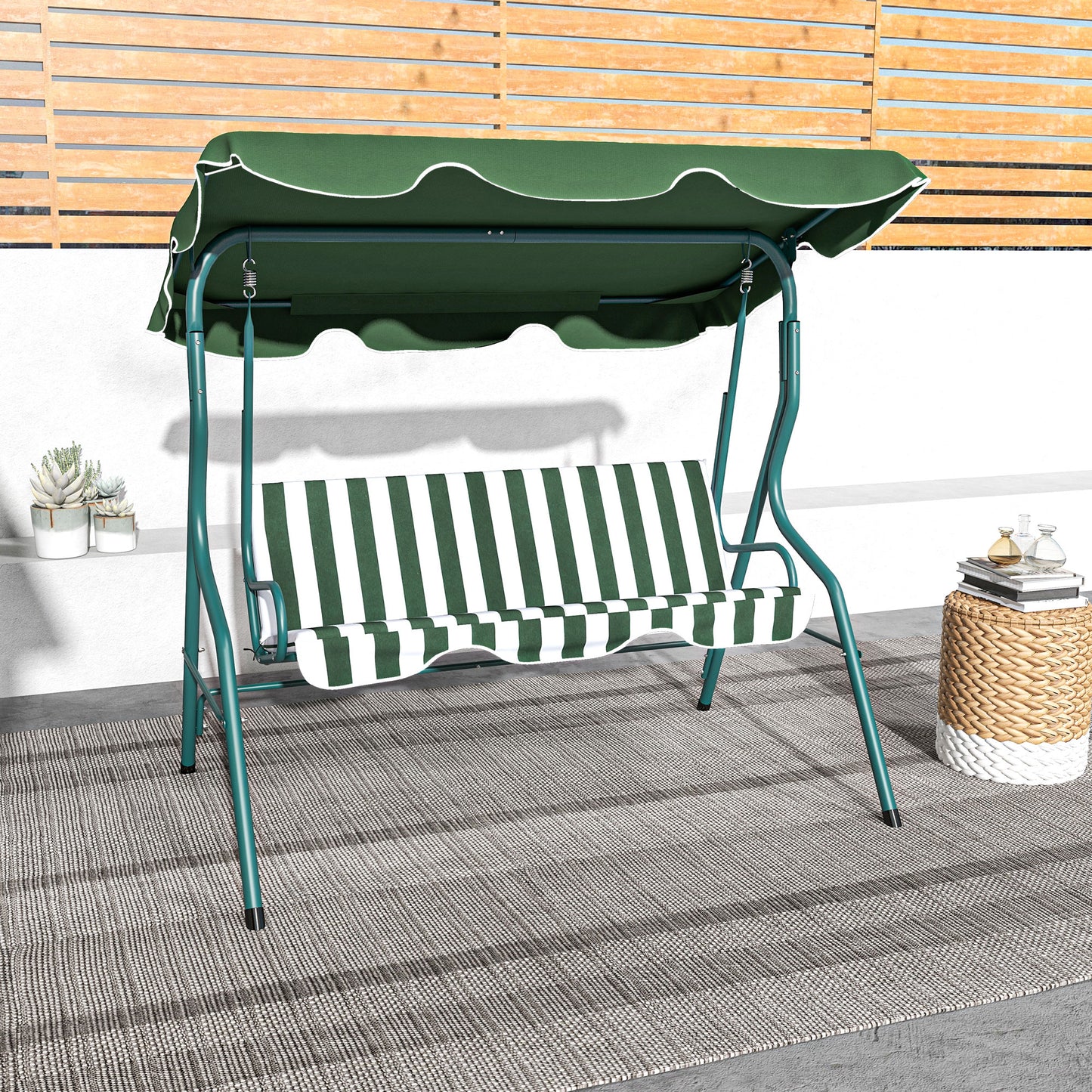 Outdoor Porch Swing with Adjustable Canopy, 3-Seater Patio Swing Chair with Cushion, Green