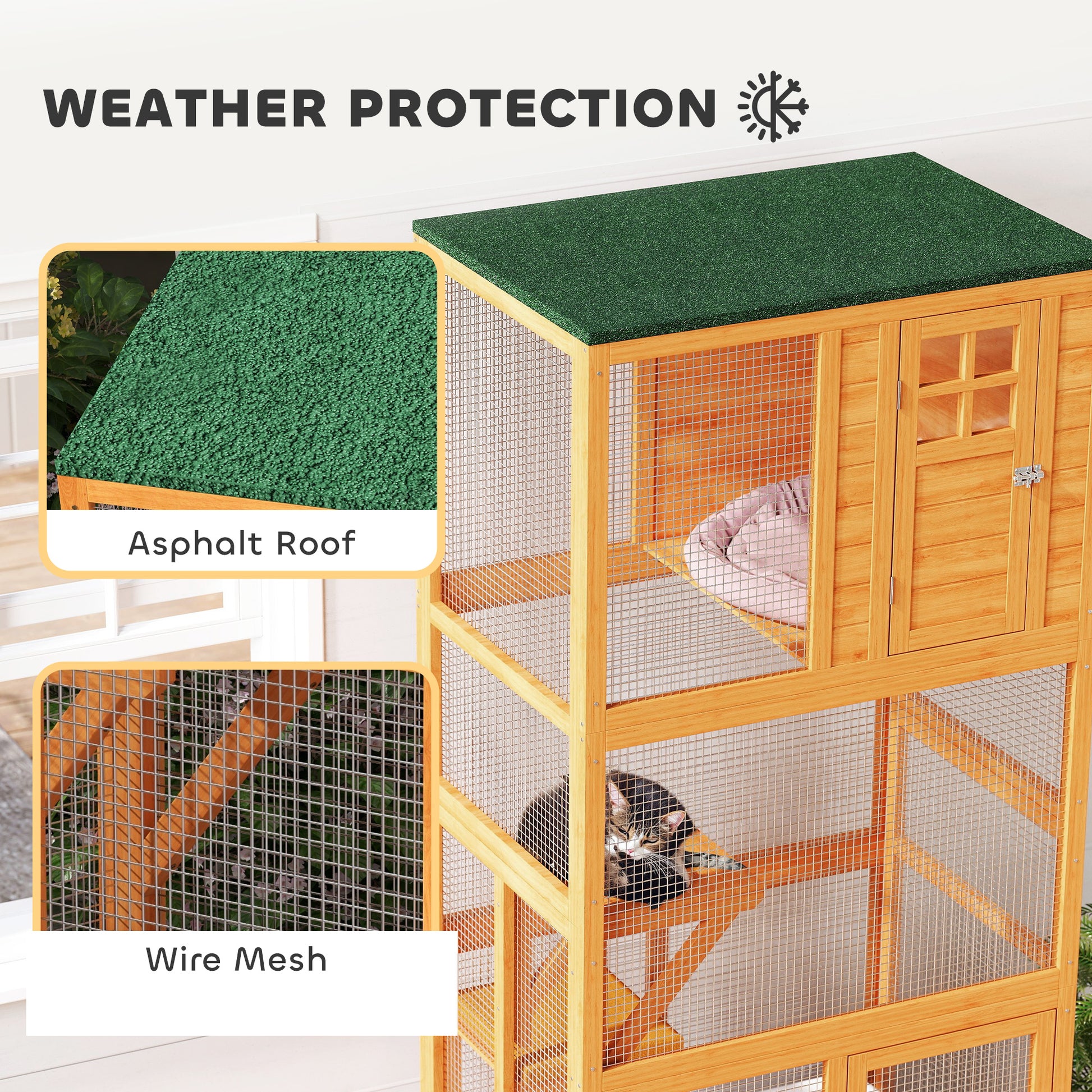74" Wooden Outdoor Cat House Weatherproof & Wheeled with High Weight Capacity, Kitten Cage Condo, Orange