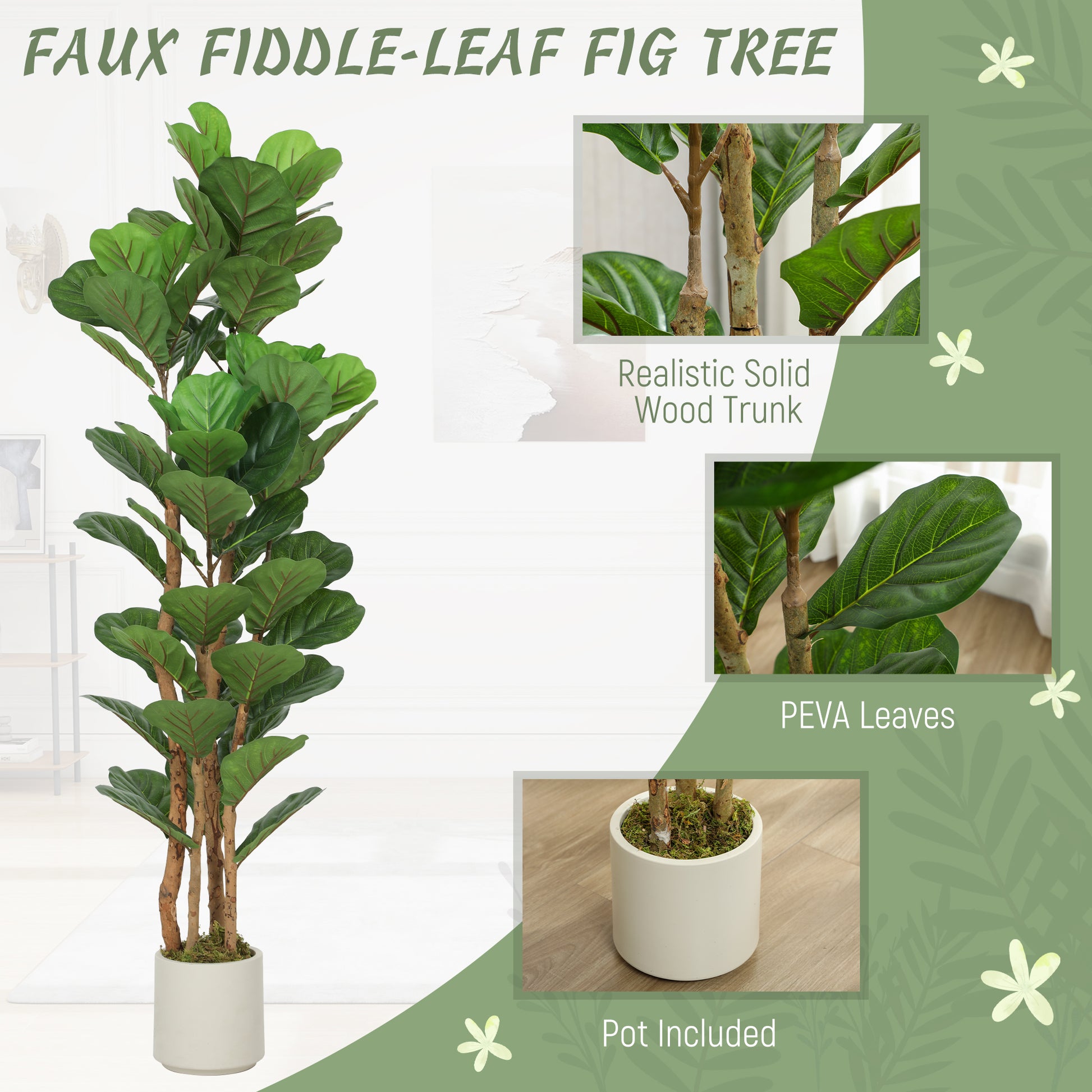 5FT Artificial Fiddle Leaf Fig Tree Set of 2, Fake Potted Tree with Solid Wood Trunks for Indoor Decor, Green