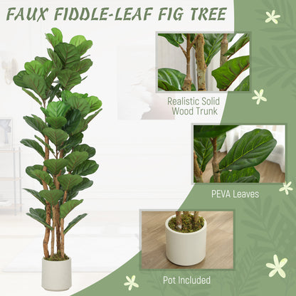5FT Artificial Fiddle Leaf Fig Tree Set of 2, Fake Potted Tree with Solid Wood Trunks for Indoor Decor, Green