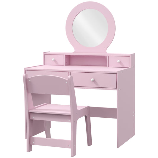 Qaba Kids Vanity Set, Children Makeup Table with Mirror, Stool and Storage Drawers, for Ages 3-8, Pink
