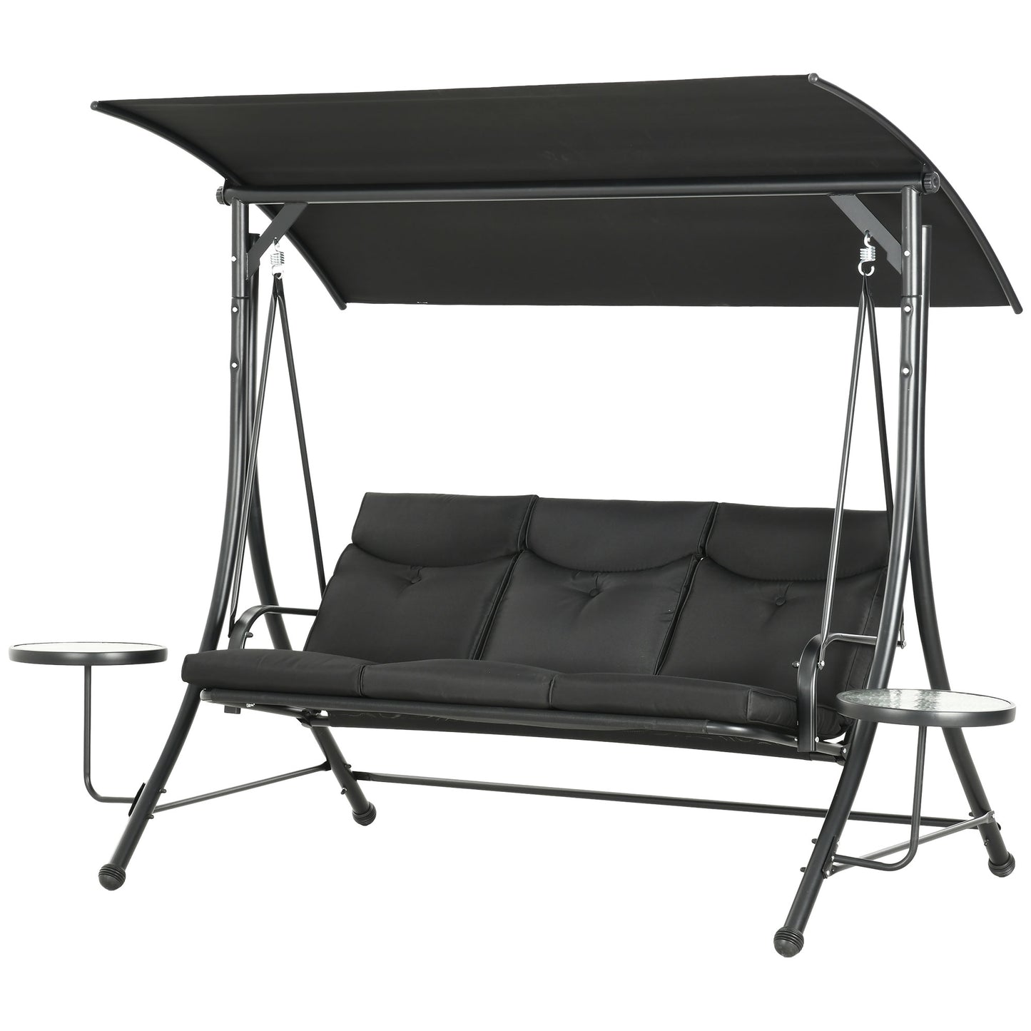 3 Seat Outdoor Swing Chair Steel Swing Bench Porch Swing With Adjustable Canopy & Coffee Tables & Cushion for Patio Garden, Black