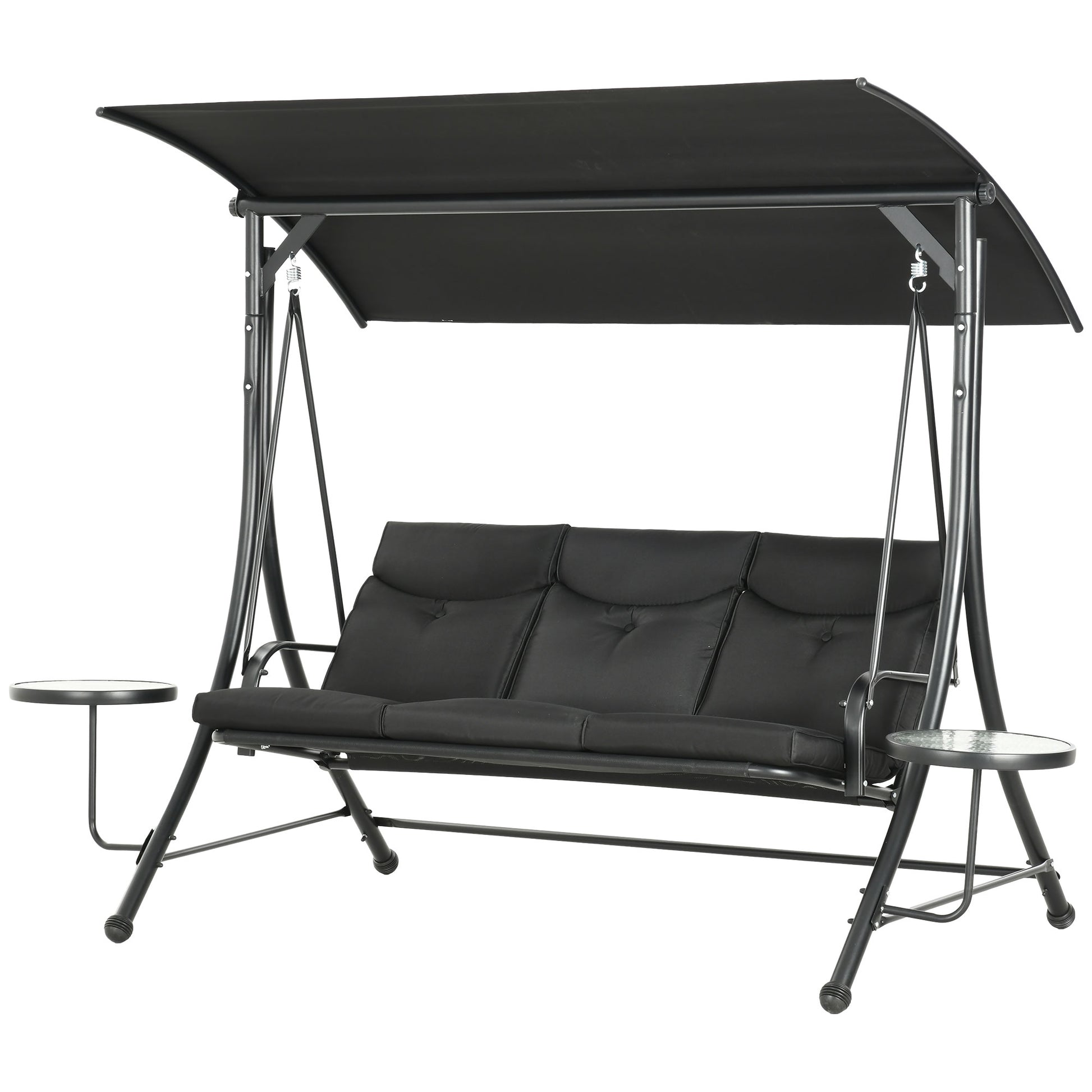 3 Seat Outdoor Swing Chair Steel Swing Bench Porch Swing With Adjustable Canopy & Coffee Tables & Cushion for Patio Garden, Black