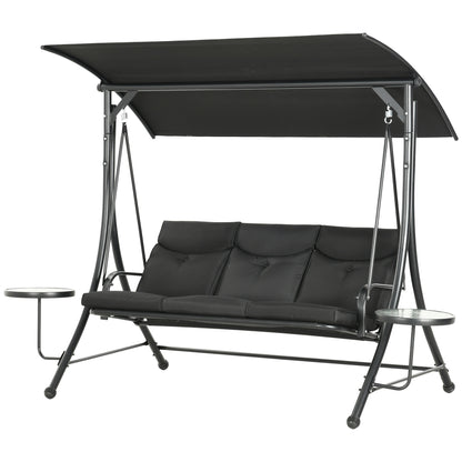 3 Seat Outdoor Swing Chair Steel Swing Bench Porch Swing With Adjustable Canopy & Coffee Tables & Cushion for Patio Garden, Black