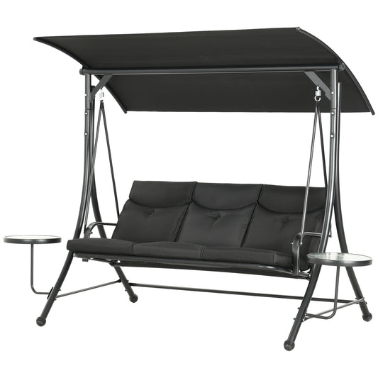 3 Seat Outdoor Swing Chair Steel Swing Bench Porch Swing With Adjustable Canopy & Coffee Tables & Cushion for Patio Garden, Black