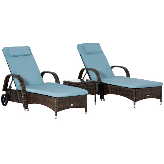 3 Pieces Wicker Patio Lounger Set with Table, PE Rattan Outdoor Lounge Chair Set with Cushions, Wheels, 5-Level Reclining Backrest, Headrest, Brown/Grey