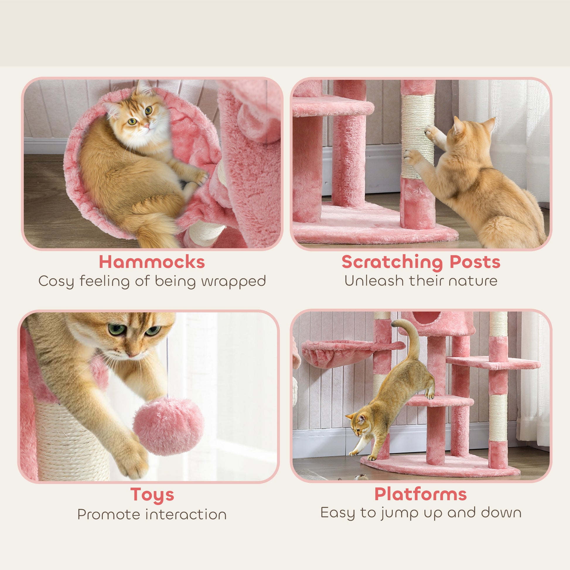 62" Cat Tree with Scratching Post, 2 Condos, Hammock, Perches, Plush, Pompoms, for Indoor Cats, Pink