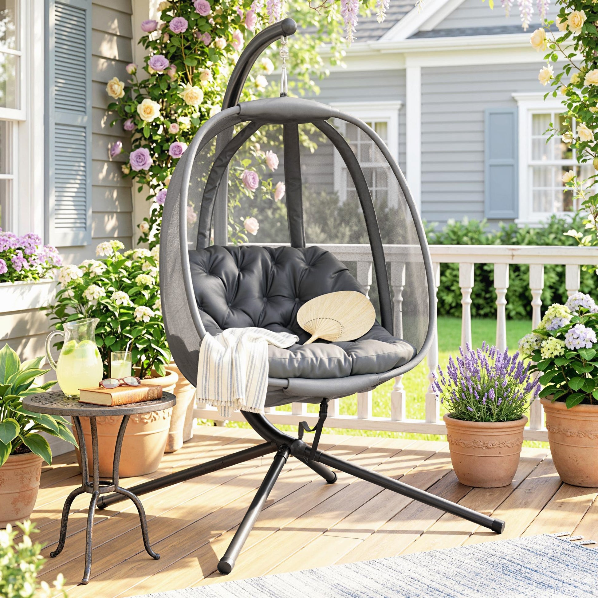 Hanging Egg Chair, Outdoor Indoor Swing Chair with Stand, Folding Basket and Thickened Cushion, Grey