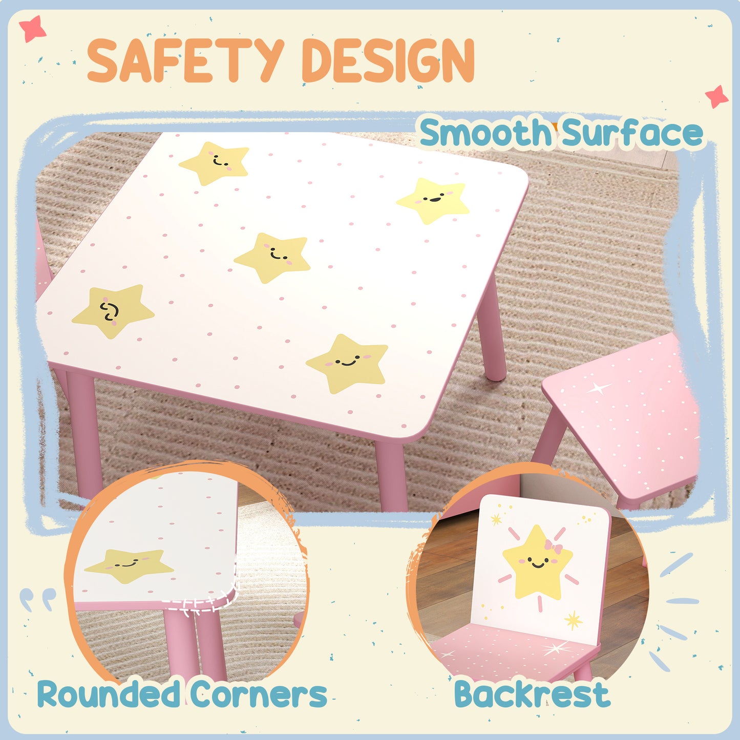 Qaba 3-Piece Kids Table and Chair Set with Star Pattern for Boys and Girls Aged 3-8, Bedroom, Nursery, Playroom, Pink