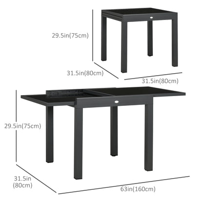 63" Extendable Outdoor Dining Table Patio Table with Aluminum Frame and Tempered Glass Tabletop, Black