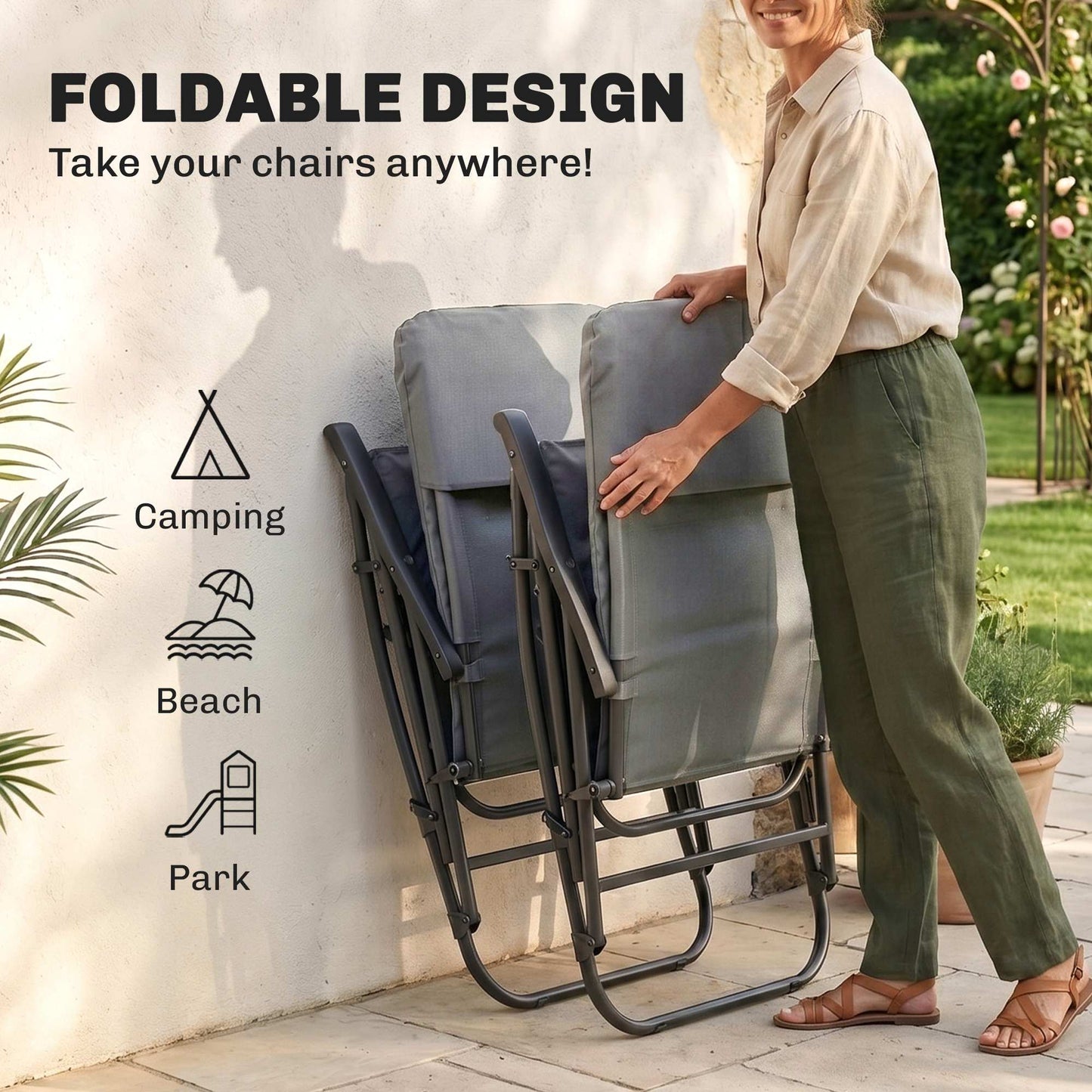 Folding Rocking Chair Set of 2 Padded Rockers with Armrest, Light Grey