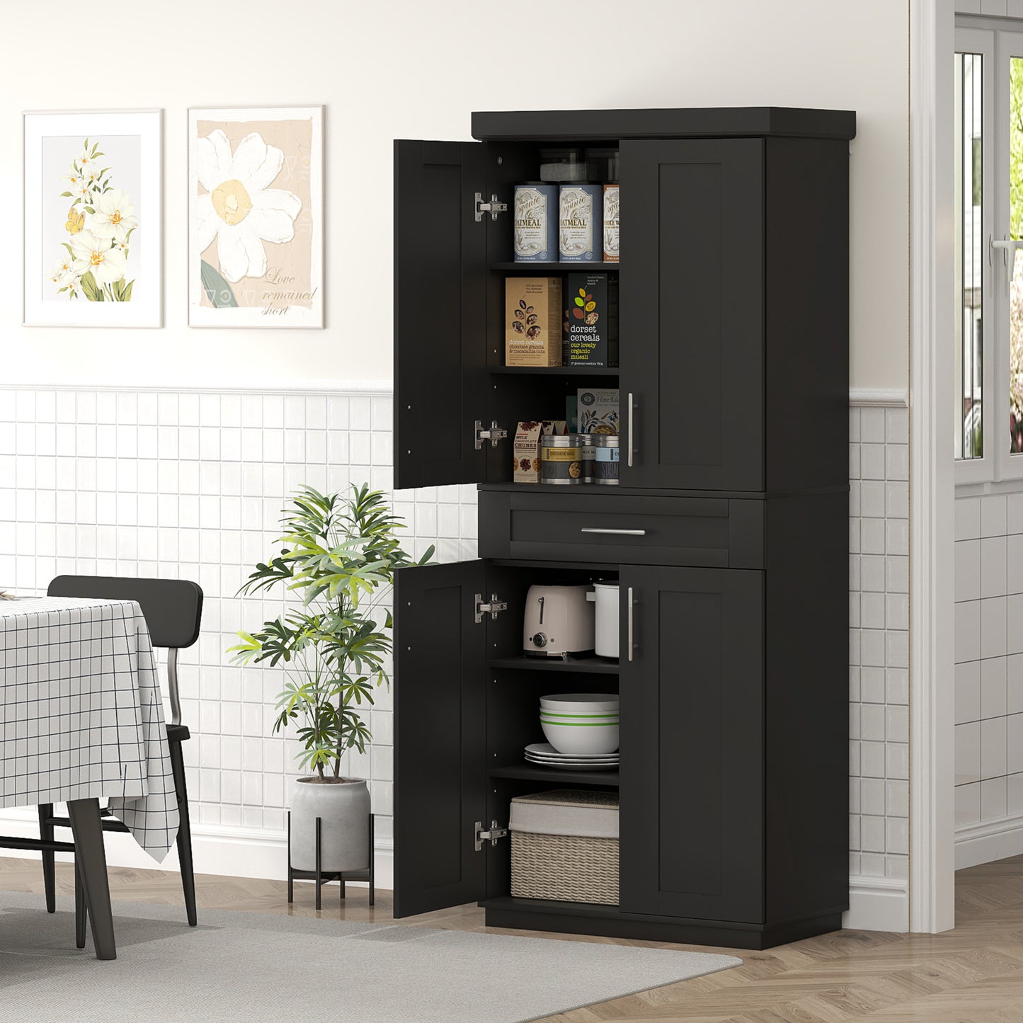 72" Storage Cabinet, Freestanding Kitchen Pantry Cabinet with 4 Doors, Drawer and 3 Adjustable Shelves, Black