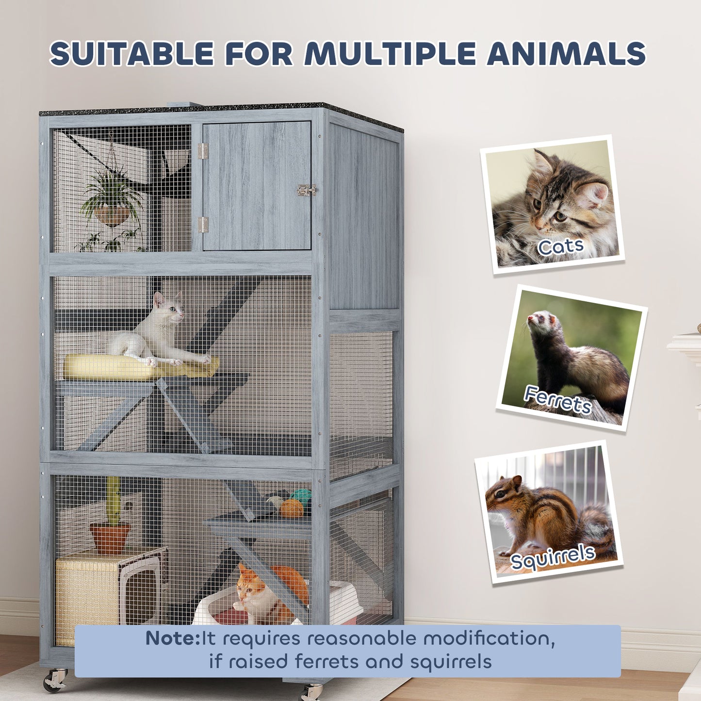 66"H Catio Outdoor Cat Enclosure on Wheels with Hammock Multiple Platforms Resting Condo Ramps for 1-3 Cats, Grey
