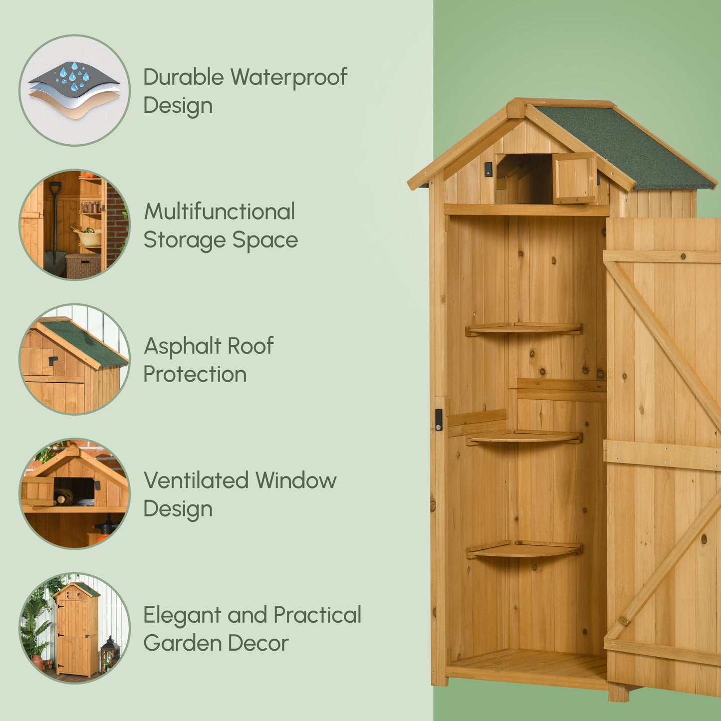 30" x 21" x 71" Garden Storage Shed, Outdoor Tool Utility Storage House with 3 Tier Shelves and Roof, Brown