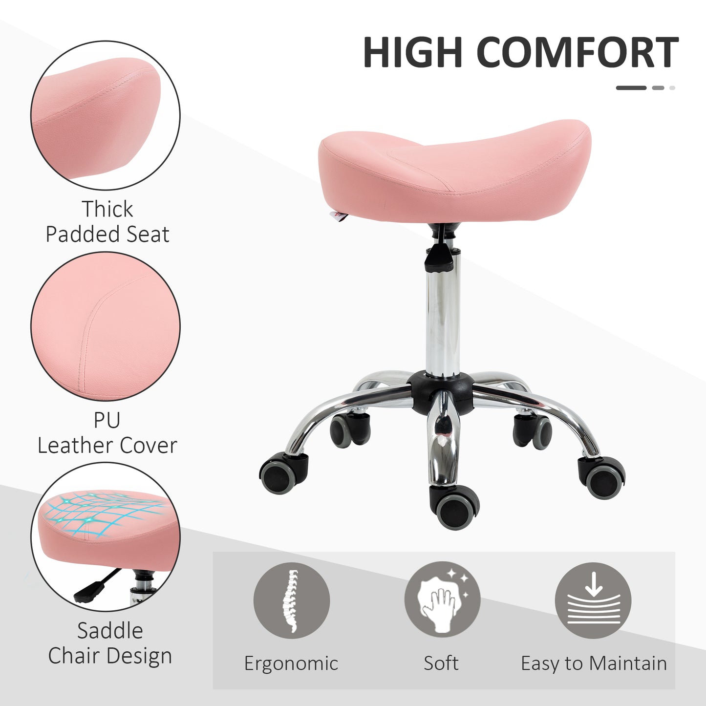 Ergonomic Saddle Stool with Wheels, Adjustable PU Leather Saddle Chair, 360° Swivel, NO Back Pain, Healthy Posture, Salon Chair for Massage Medical Home, Pink