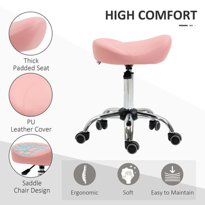 Ergonomic Saddle Stool with Wheels, Adjustable PU Leather Saddle Chair, 360° Swivel, NO Back Pain, Healthy Posture, Salon Chair for Massage Medical Home, Pink