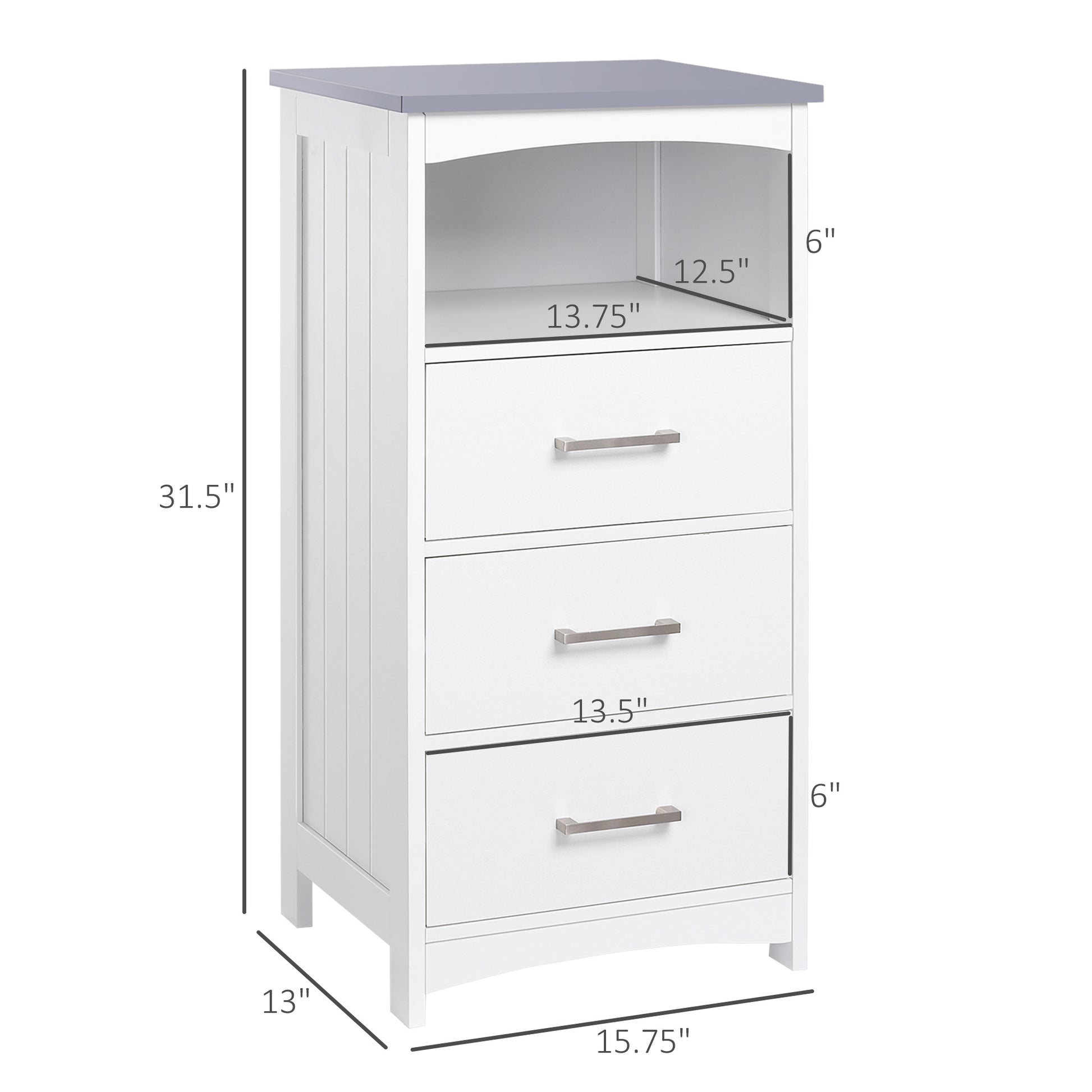 Small Bathroom Storage Cabinet, Floor Cabinet with 3 Drawers and Open Component, Narrow Bathroom Cabinet, White