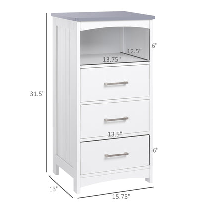 Small Bathroom Storage Cabinet, Floor Cabinet with 3 Drawers and Open Component, Narrow Bathroom Cabinet, White
