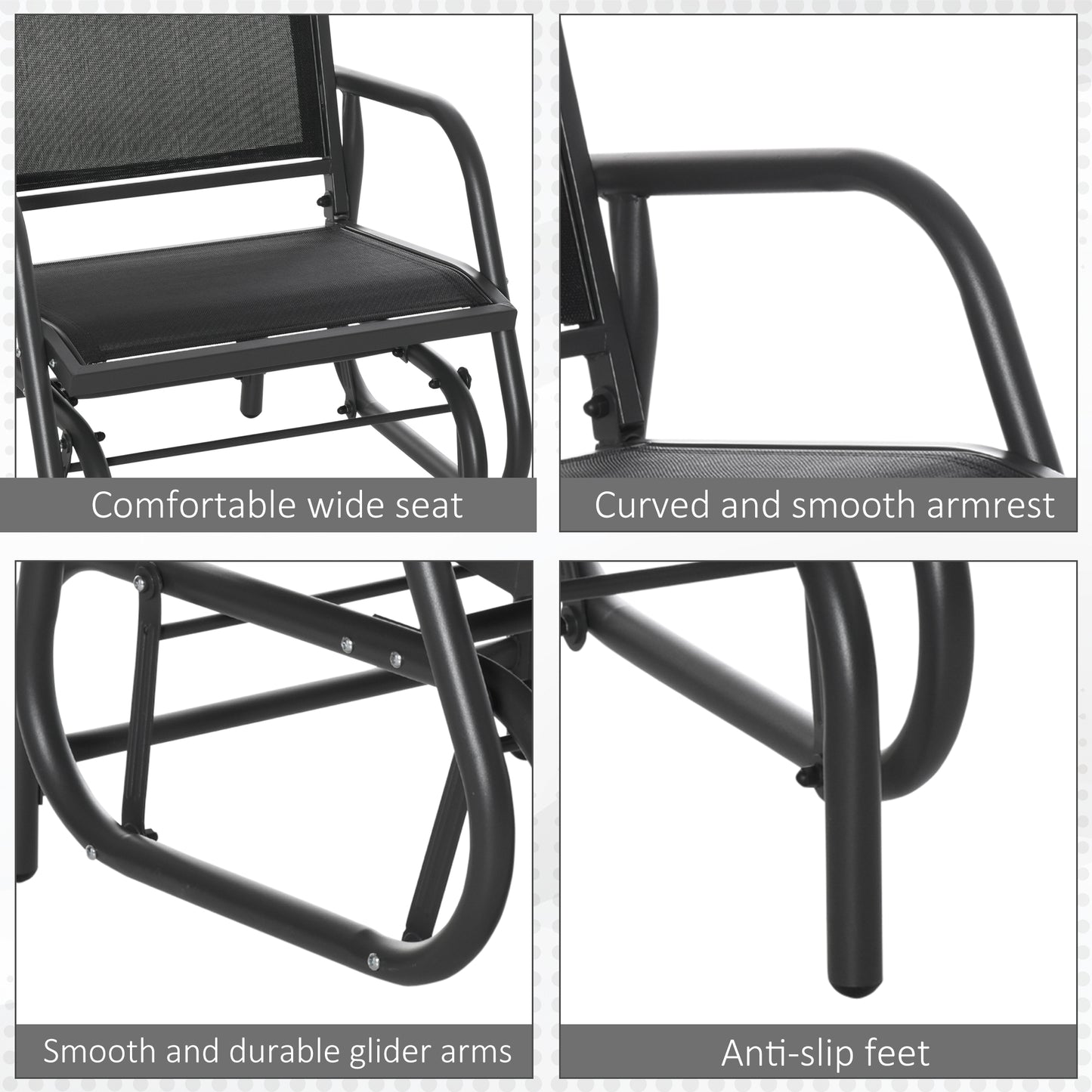 Patio Glider Outdoor Glider Chair with Breathable Mesh Seat & Backrest, Armrests and Metal Frame, Black