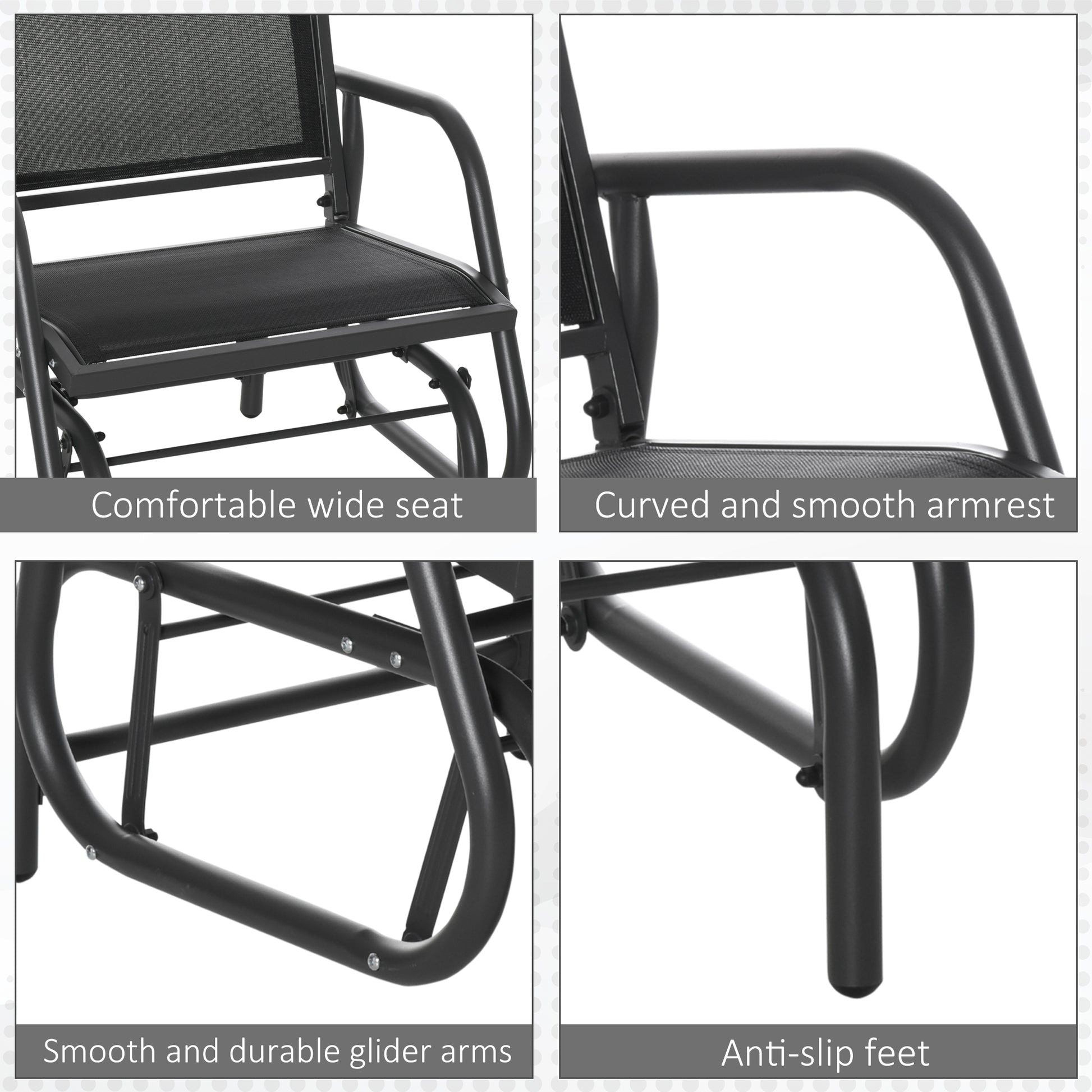 Patio Glider Outdoor Glider Chair with Breathable Mesh Seat & Backrest, Armrests and Metal Frame, Black