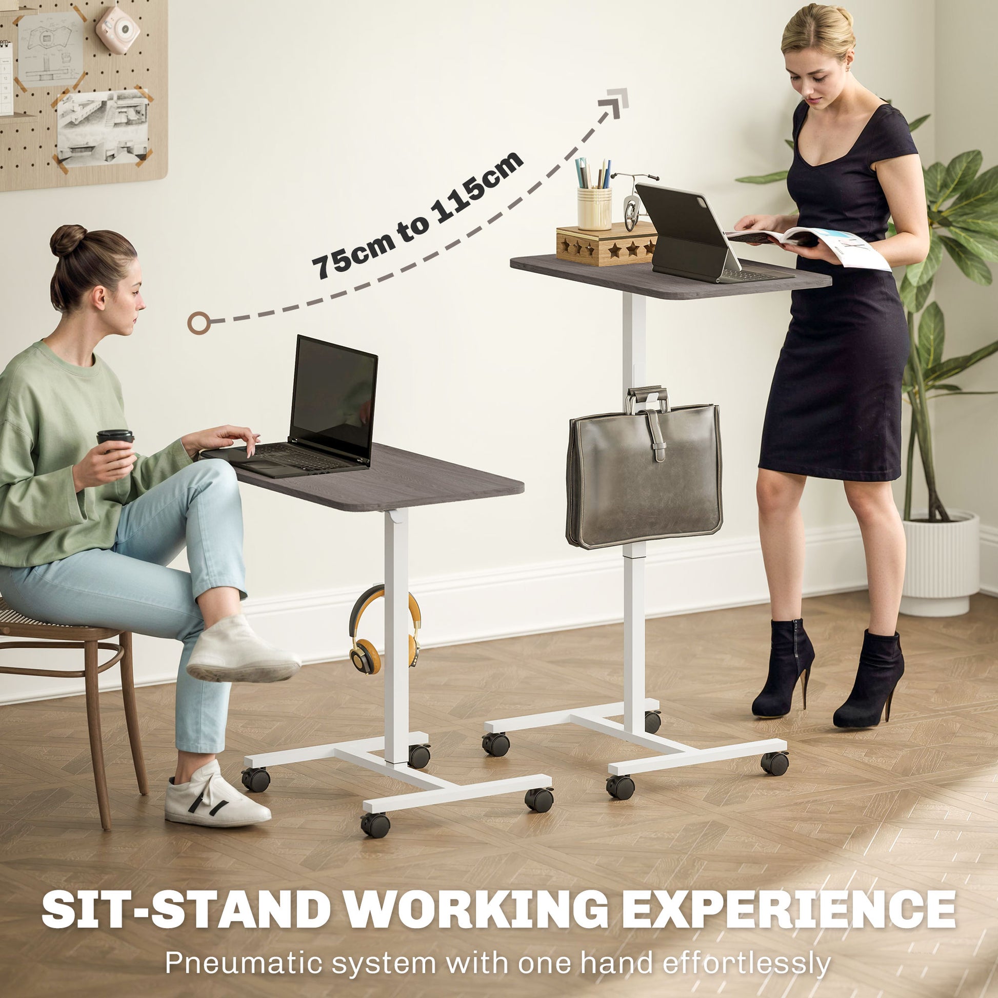 Height Adjustable Standing Desk, Pneumatic Sit Stand Desk with Wheels and Headphone Hook, Grey Wood Grain
