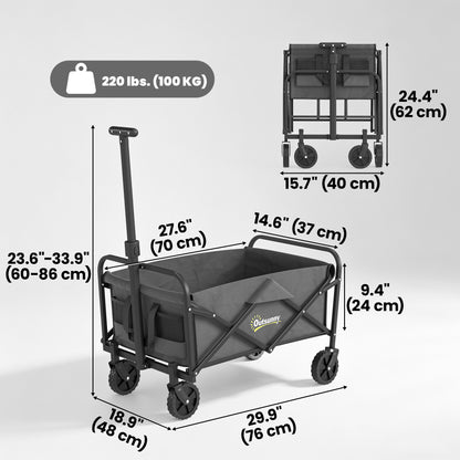 Collapsible Folding Garden Cart, Heavy Duty Lawn Wagon with Universal Wheels and Adjustable Handle, Grey
