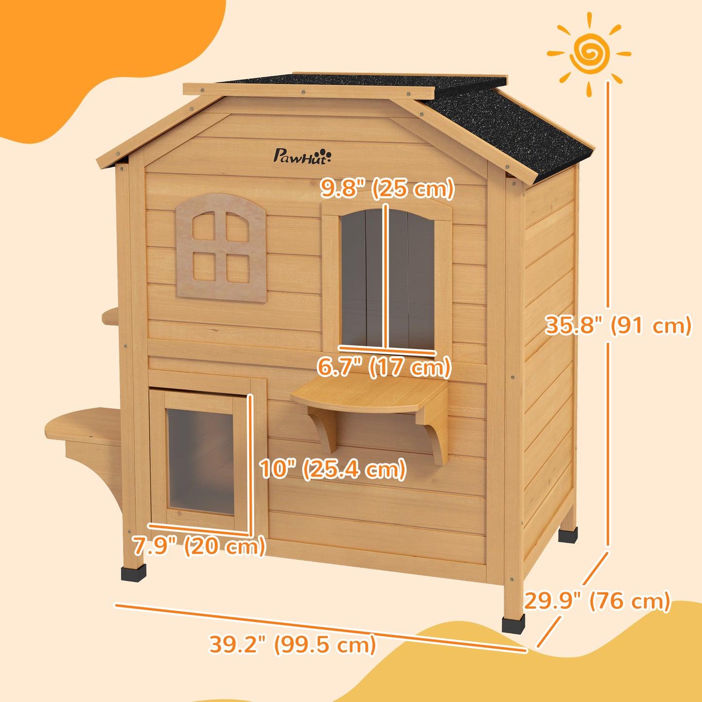 2-Storey Outdoor Cat House, Wooden Catio with Openable Roof, Lounge Space, Fun Entrances, for Feral Cats, Yellow