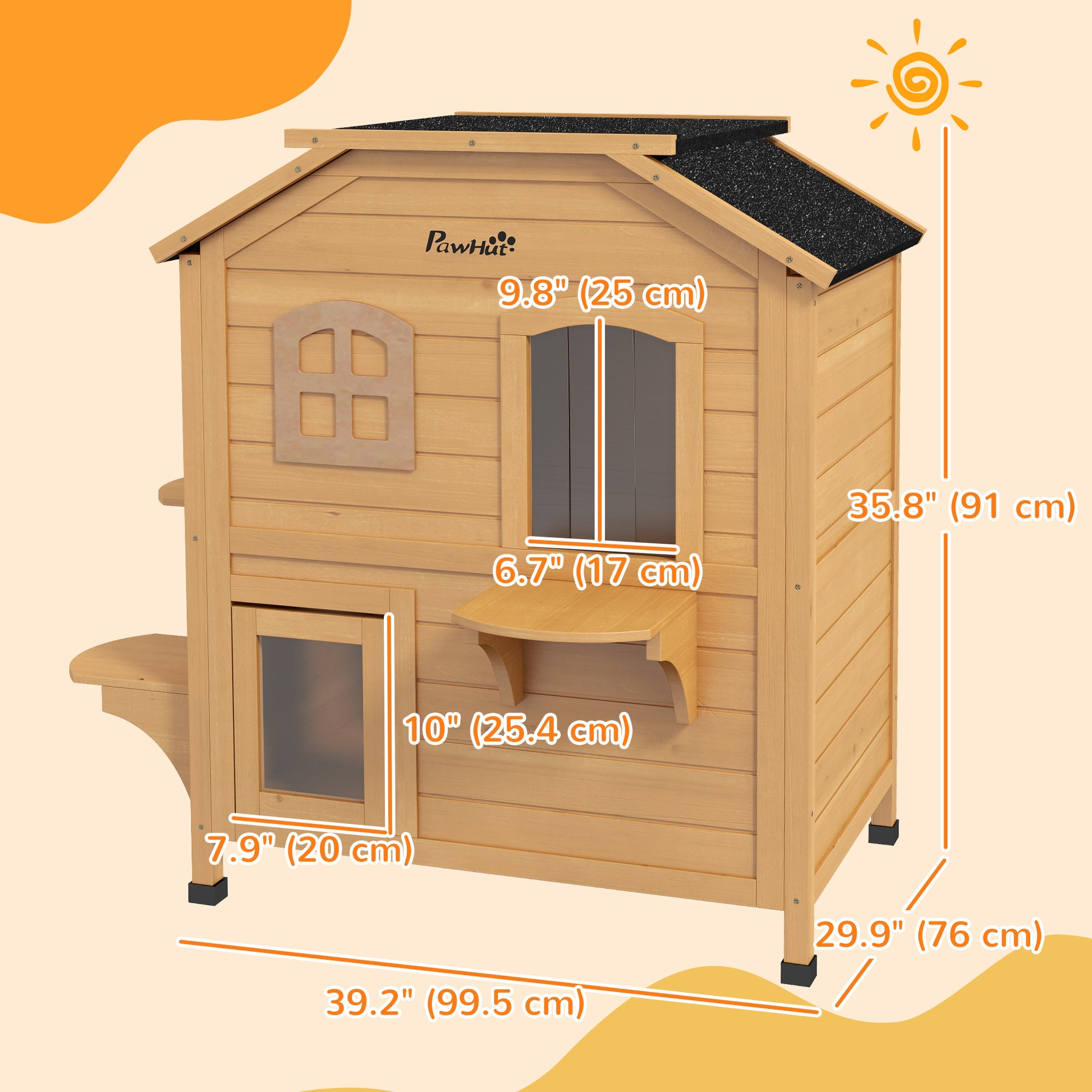2-Storey Outdoor Cat House, Wooden Catio with Openable Roof, Lounge Space, Fun Entrances, for Feral Cats, Yellow