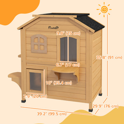 2-Storey Outdoor Cat House, Wooden Catio with Openable Roof, Lounge Space, Fun Entrances, for Feral Cats, Yellow