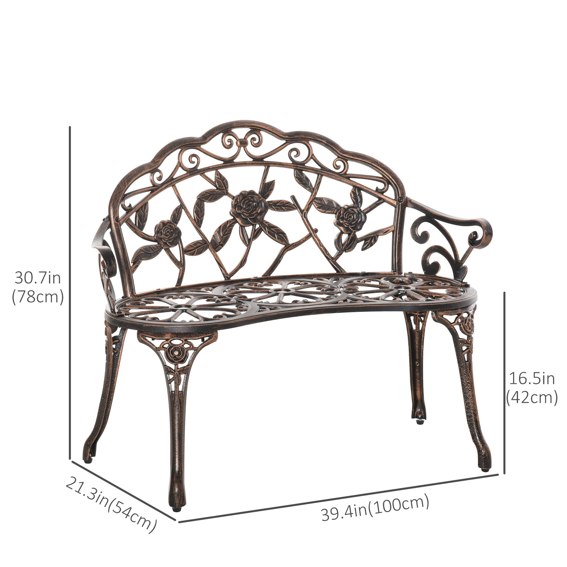 40" Outdoor Garden Bench, Cast Aluminum Antique Rose Style Patio Garden Park Loveseat Bench for Backyard, Porch, Balcony, Lawn, Bronze