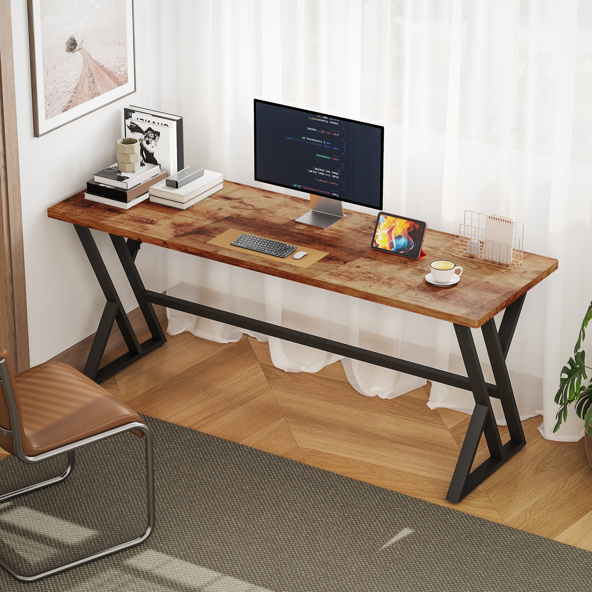 71" Computer Desk, Industrial Writing Table with X-Shaped Frame for Home Office, Rustic Brown