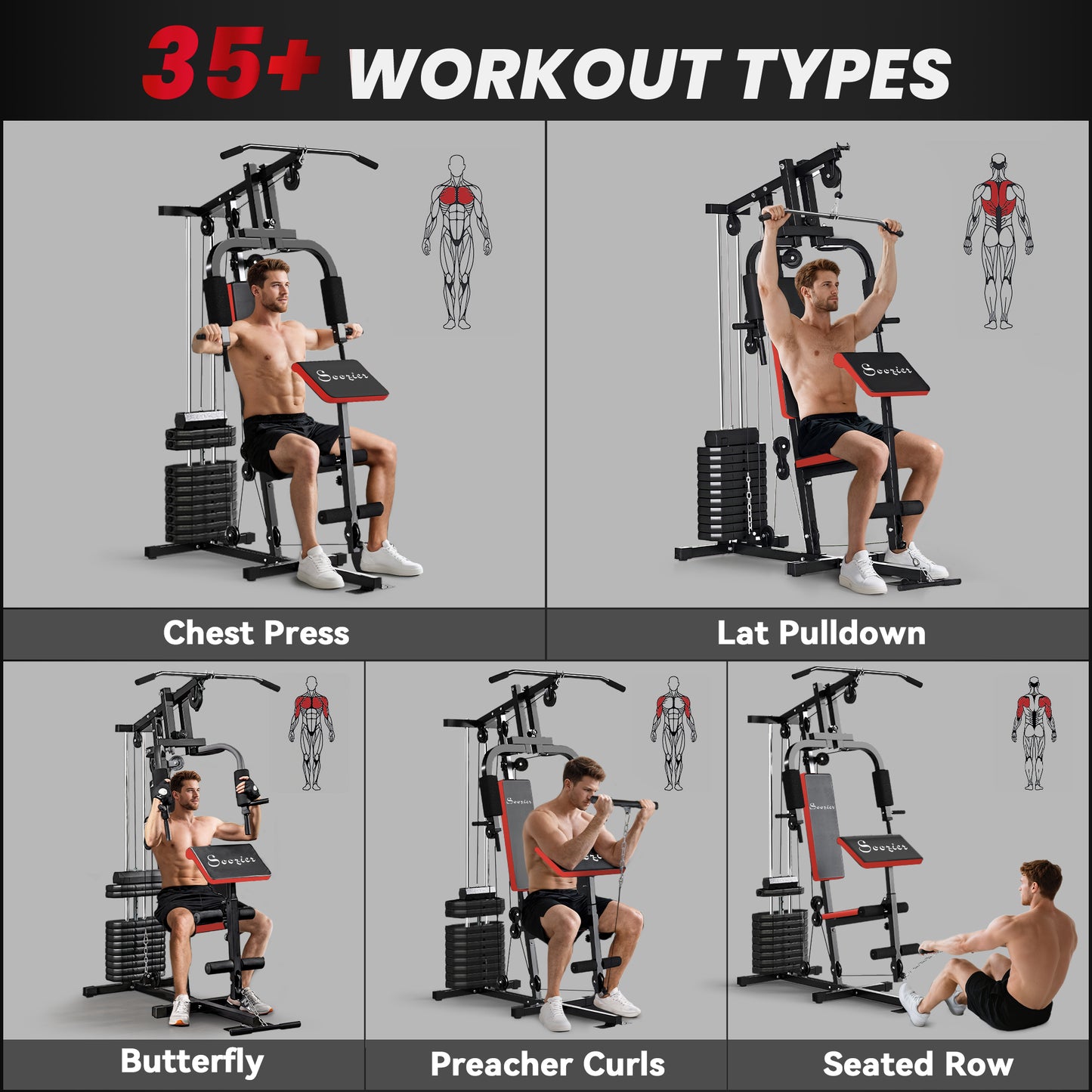 Soozier Home Gym Equipment Weight Training Machine, Multifunction Workout Machine with 143lbs Weight Stack for Full Body Workout and Strength Training, Red