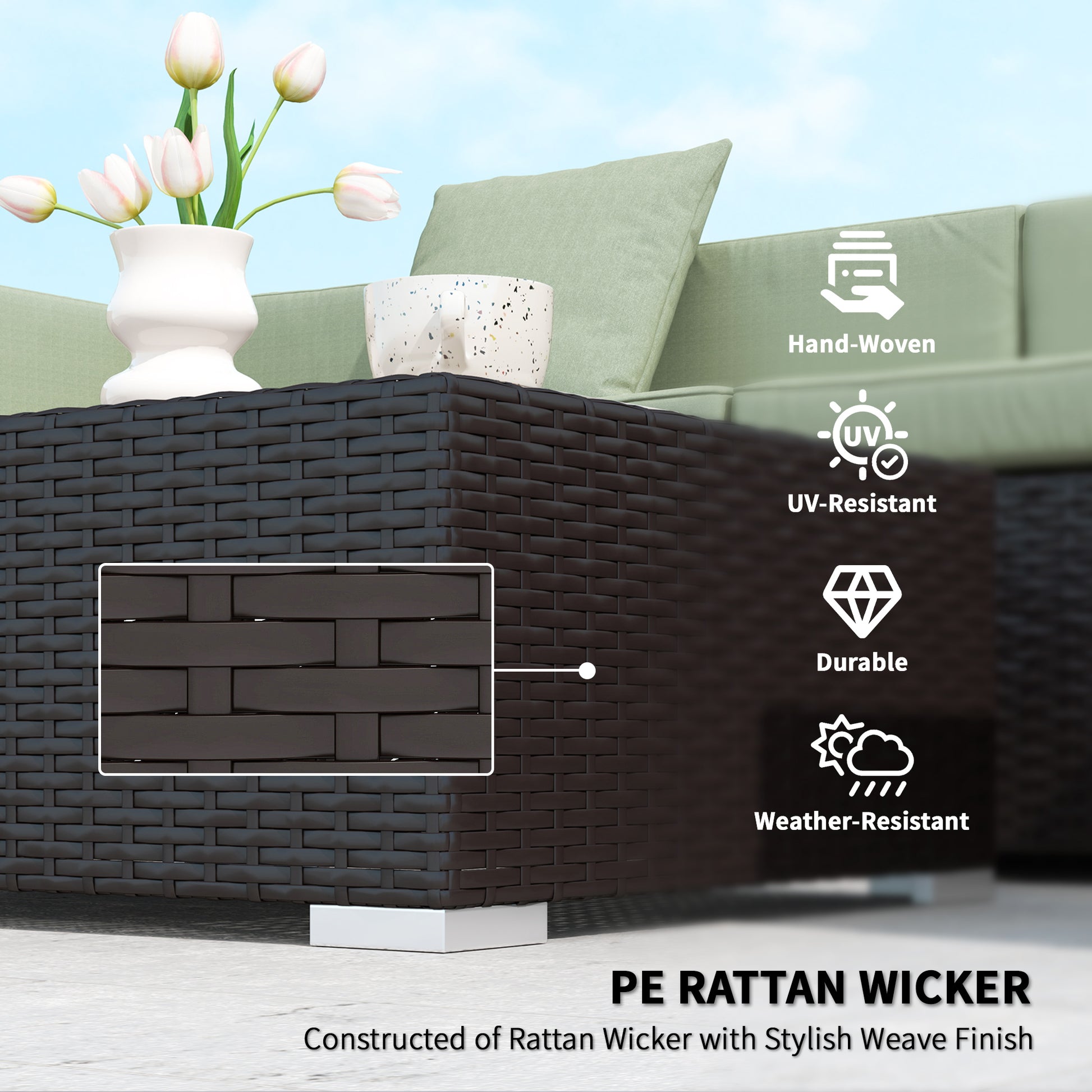 7 Pieces Outdoor Rattan Furniture Set, Patio Wicker Sectional Conversation Sofa Set, Light Green