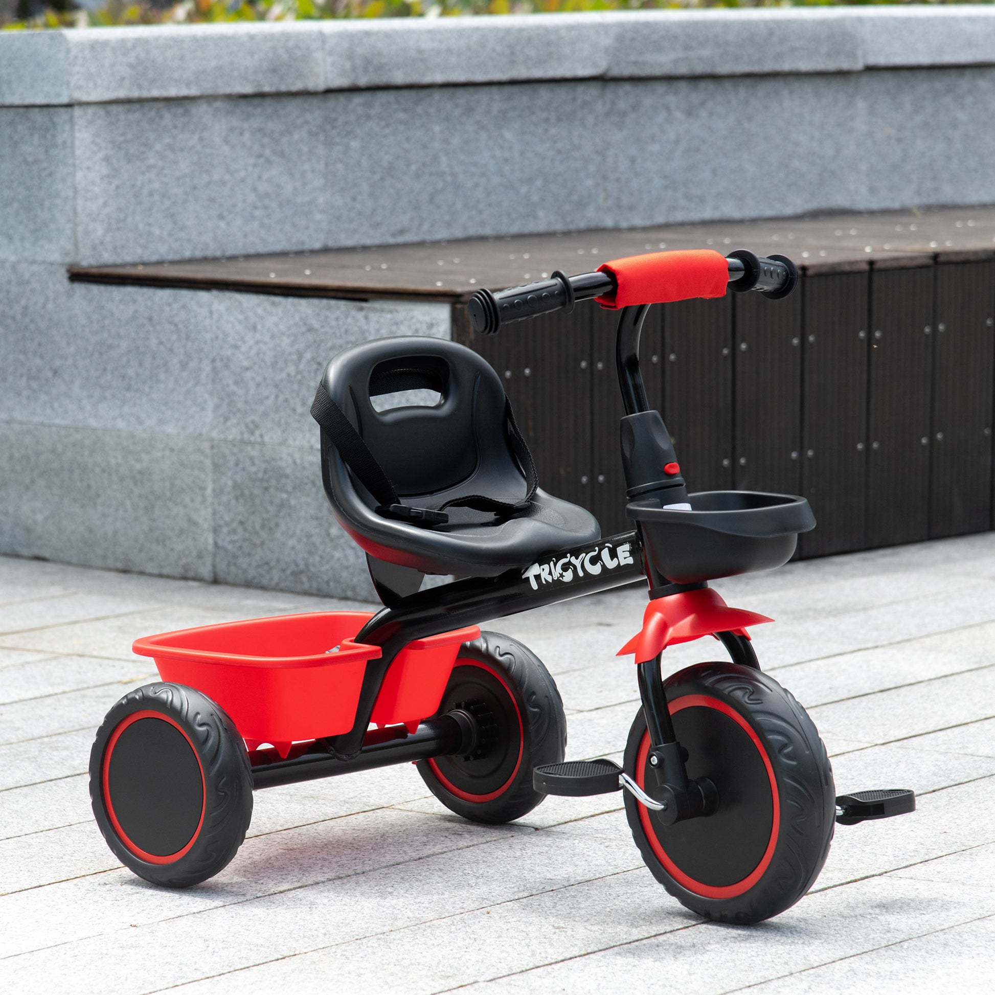 Qaba Large Kids Tricycle for Toddler 2-5 Year Old Girls and Boys, Toddler Trike Bike with Adjustable Seat, Safety Belt, Two Storage Baskets, Red