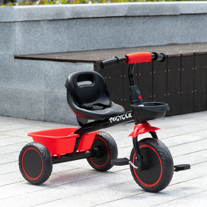 Qaba Large Kids Tricycle for Toddler 2-5 Year Old Girls and Boys, Toddler Trike Bike with Adjustable Seat, Safety Belt, Two Storage Baskets, Red