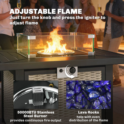 32" Propane Gas Fire Pit Table, 50,000 BTU Square Patio Table with Fire Pit, Wind Guard, Lid, CSA Certified, Grey