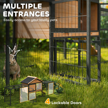 Rabbit Hutch Outdoor, 85"L Large Wooden Bunny Cage with Run Box, Removable Plastic Tray, Asphalt Roof, Ramp, Yellow