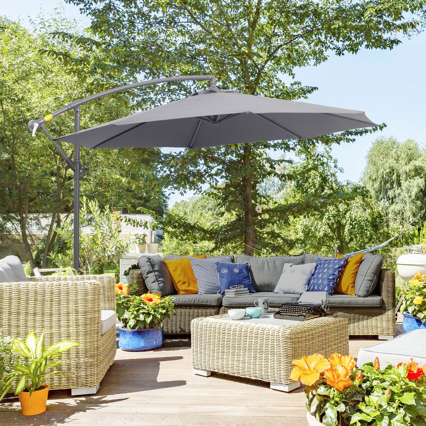 Φ10' Deluxe Patio Umbrella Outdoor Market Parasol Banana Hanging Offset Sunshade Crank Cross Base Grey