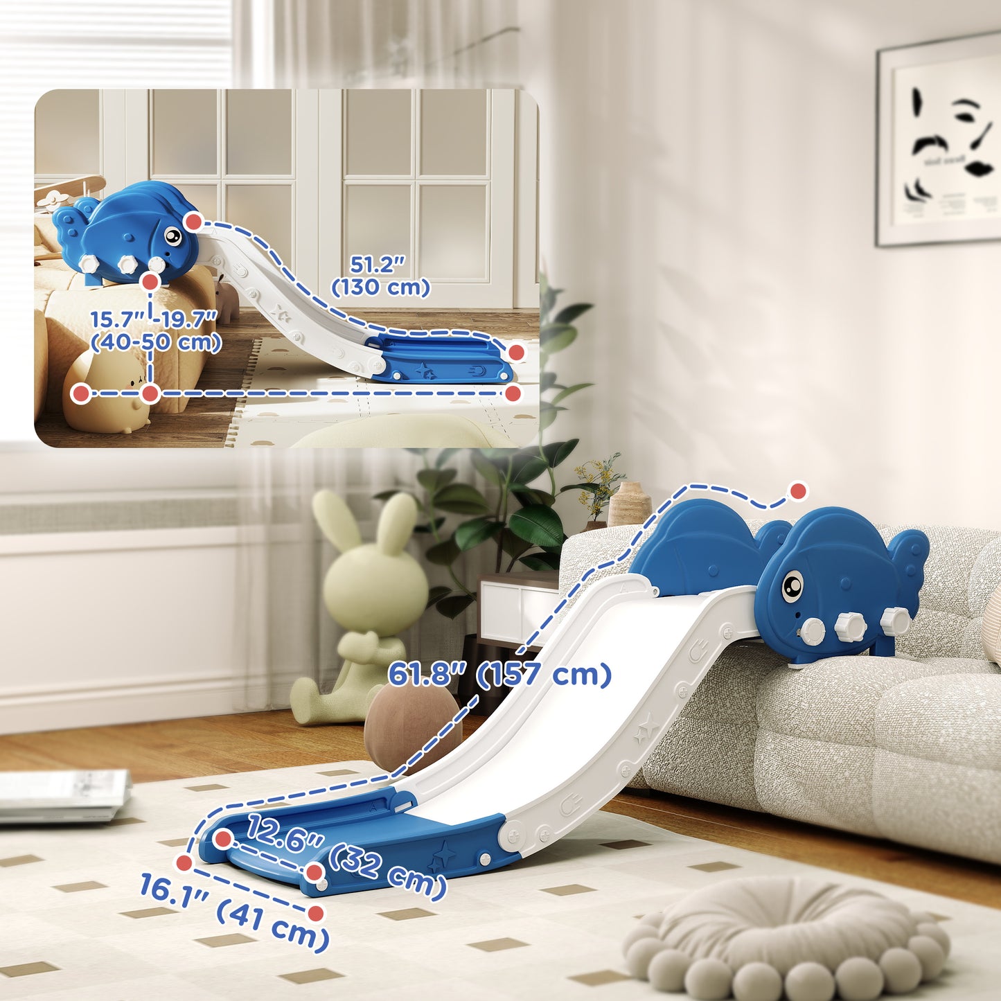 Qaba Toddler Couch Slide for Bed, Sofa, Stairs, Easy Assemble & Storage, for 18-48 Months, Blue