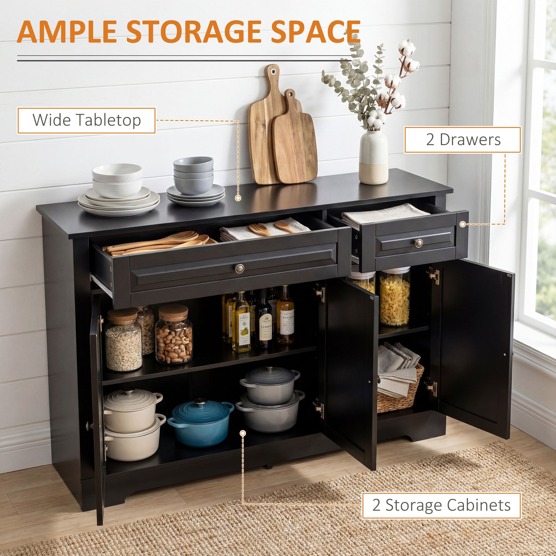 Modern Sideboard Cabinet, Buffet Cabinet with 2 Drawers and Adjustable Shelves, Buffets Tables for Dining Room, Black