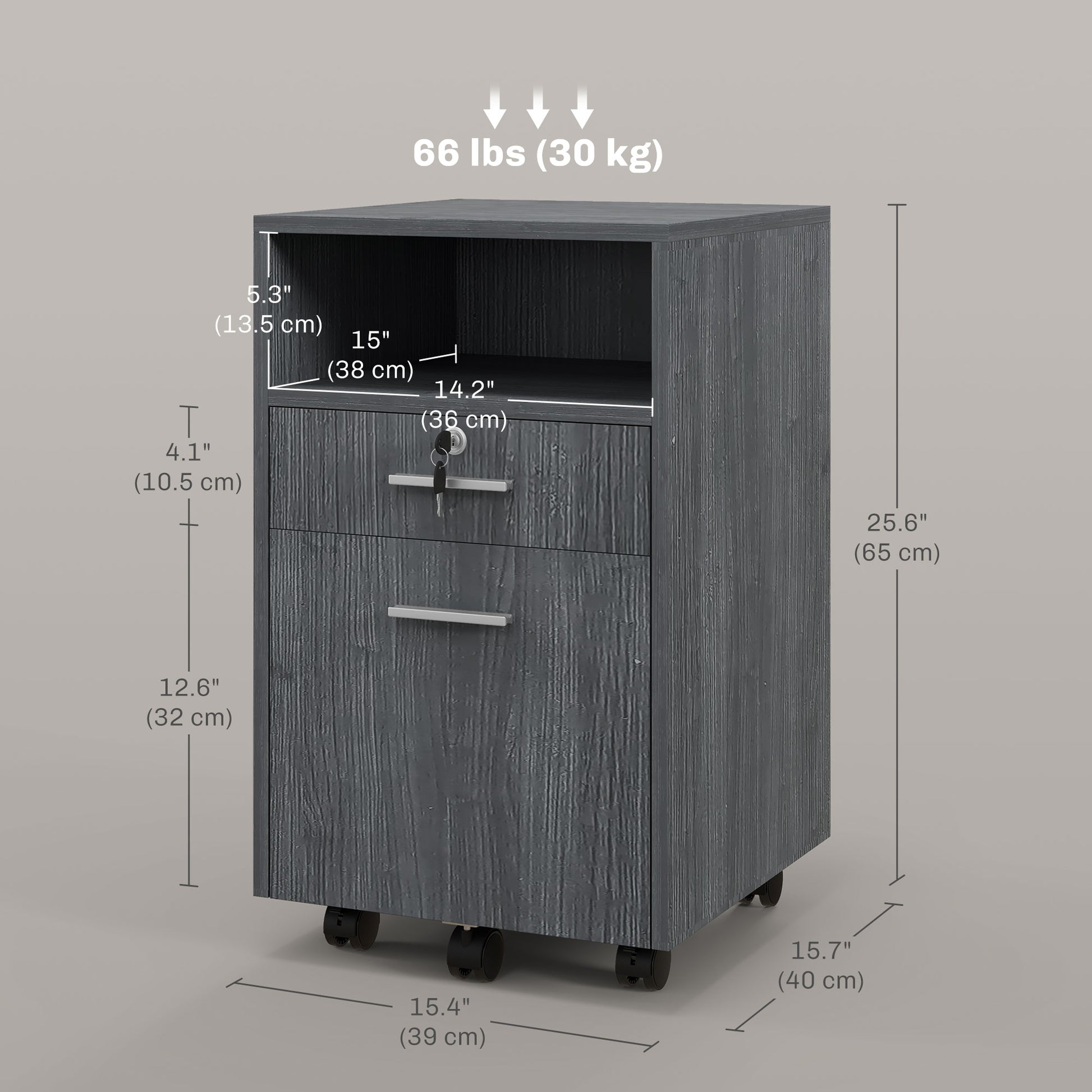 Small Filing Cabinet with 2 Drawers, Lockable Home Office Storage Cabinets on Wheels for A4, Letter Size, Grey
