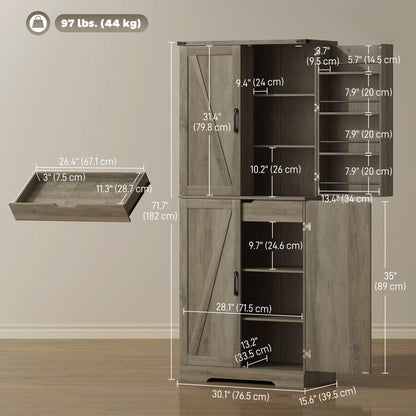 72" Kitchen Pantry Cabinet, Farmhouse Storage Cabinet with 4 Doors, Drawer, 8 Door Shelves and Adjustable Shelf, Grey