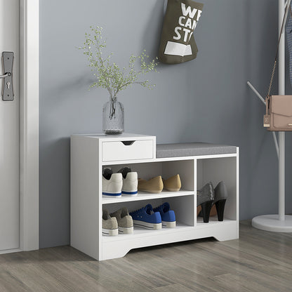 Upholstered Shoe Storage Bench, Hallway Shoe Storage with Seat, Drawer, 3 Open Shelves for Entryway, White