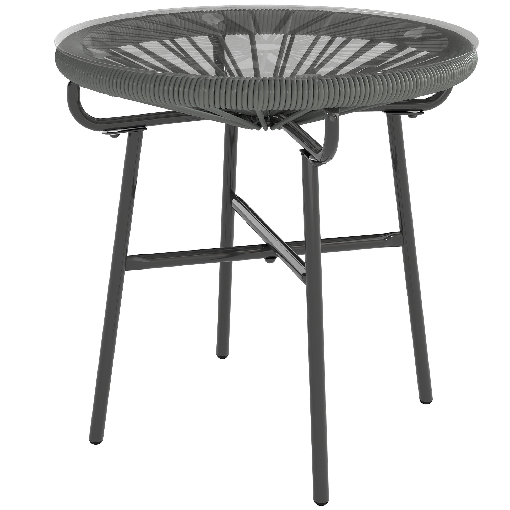 Rattan Side Table, Round Outdoor Table, with Round PE Rattan and Tempered Glass Table Top for Patio, Garden, Dark Grey