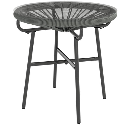 Rattan Side Table, Round Outdoor Table, with Round PE Rattan and Tempered Glass Table Top for Patio, Garden, Dark Grey